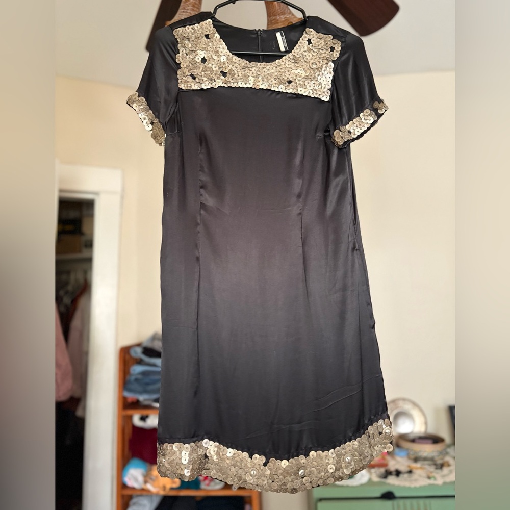 00s Topshop Black Satin Metallic T Shirt Dress Size XS